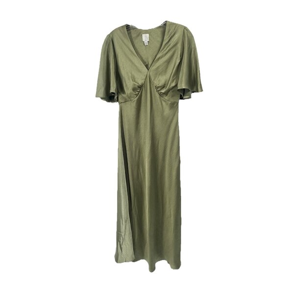 Joie Sage Green Satin Short Flutter Sleeeve Maxi Dress V Neck A Line Sz M - Picture 1 of 5